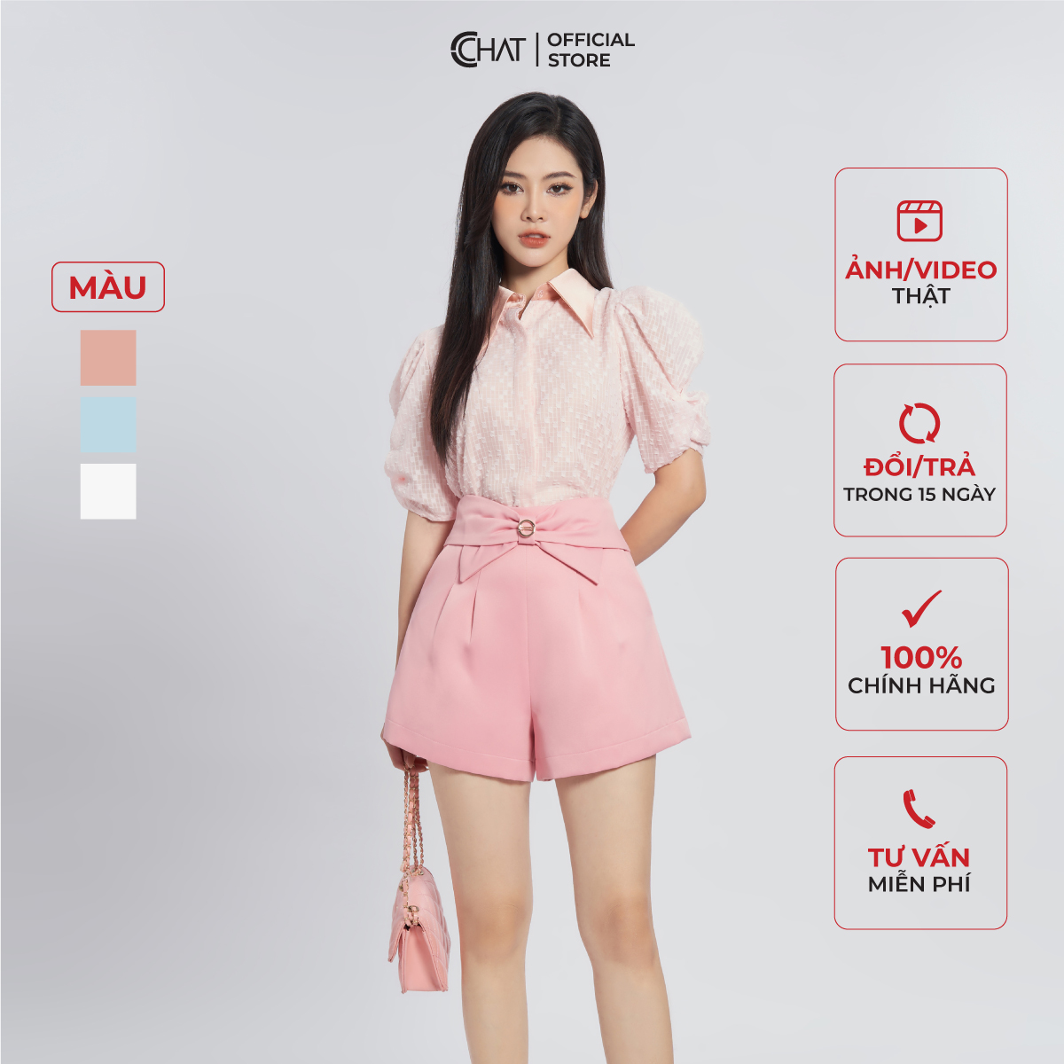 Áo Sơ Mi Nữ  Kiểu Cổ Nẹp Giấu Khuy Chất Voan Tơ Nhập Khẩu 13FNV8005ST