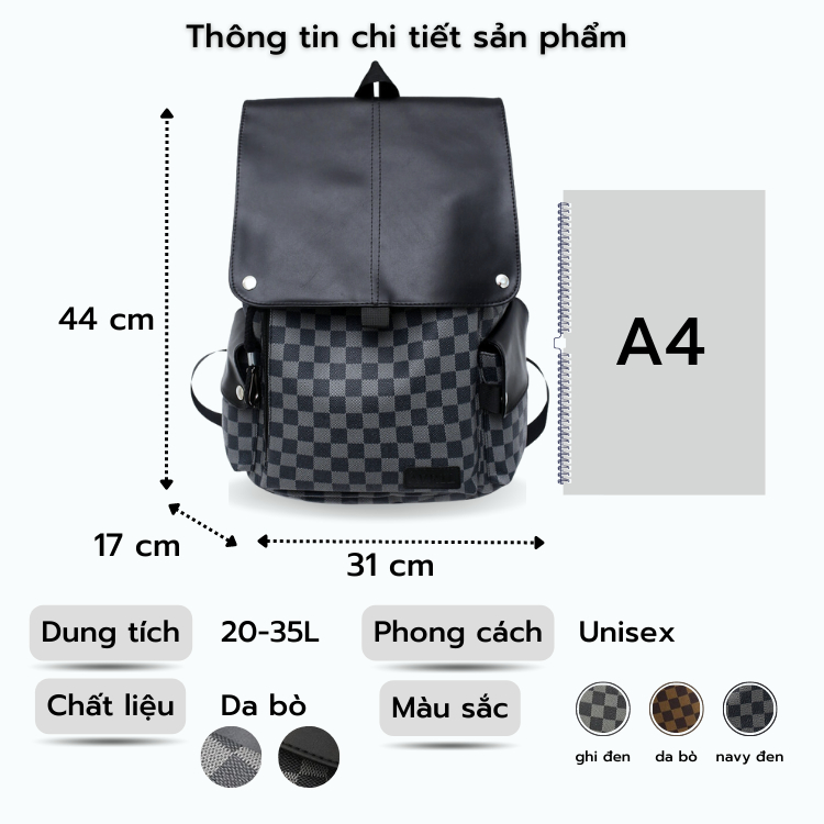 Balo da thời trang nam nữ Lalunavn phong cách Unisex họa tiết kẻ caro,Balo du lịch, đi học đựng