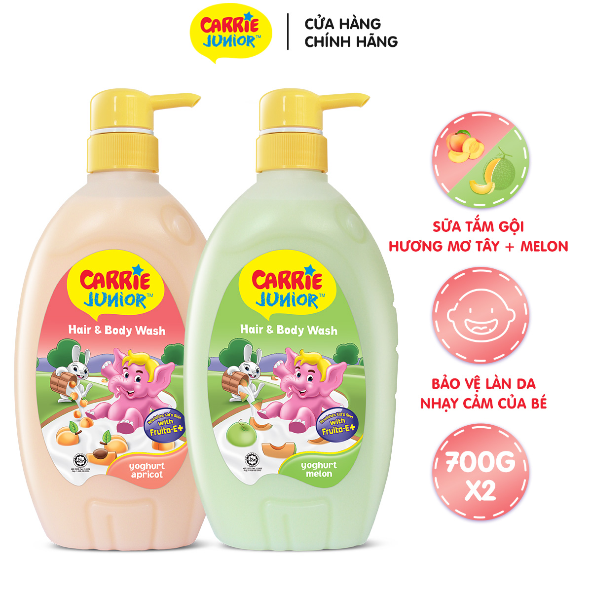 Combo 2 Chai Sữa Tắm Gội Cho Bé Carrie Junior Yoghurt Hương Melon + Hương Mơ Tây