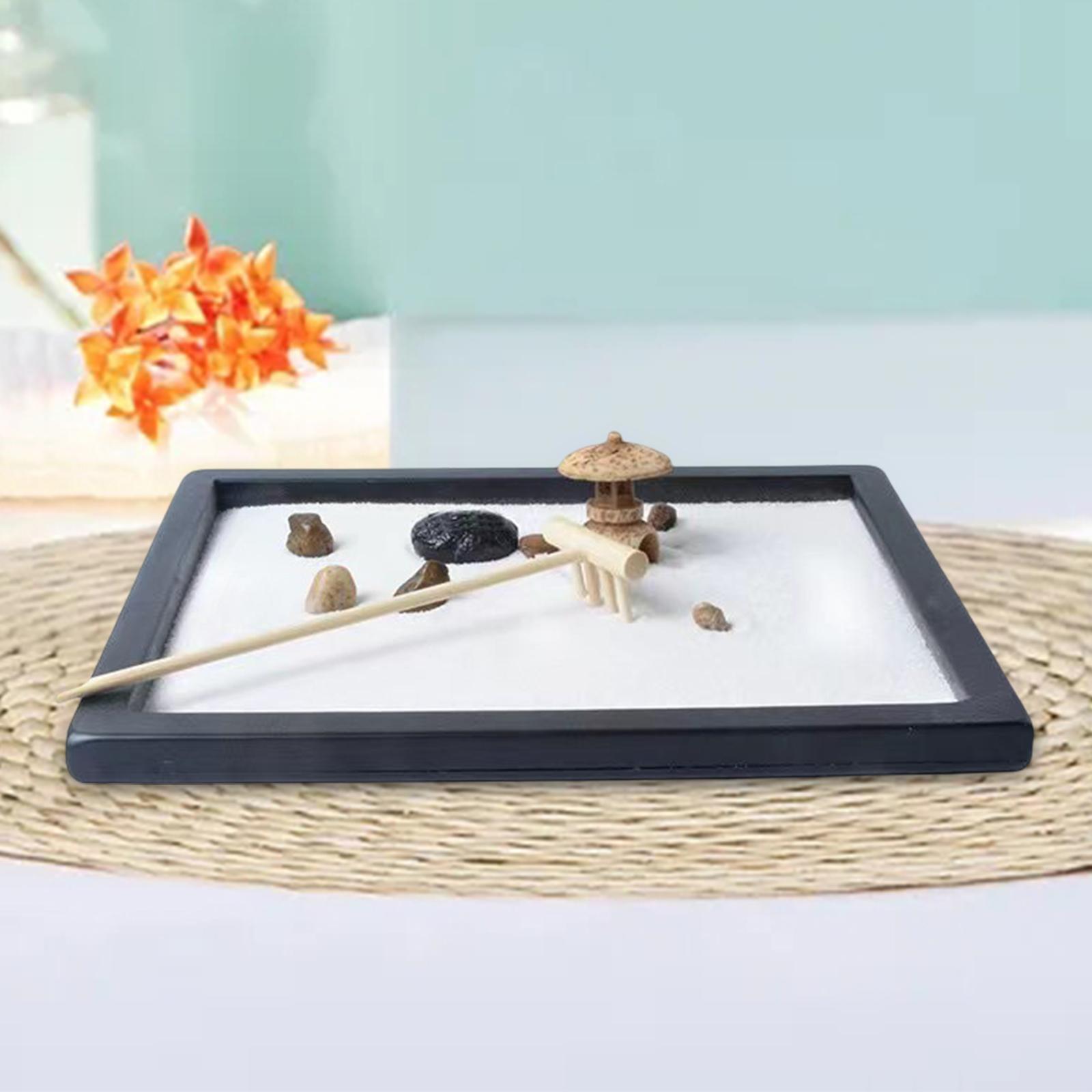 Mini Desk Decoration Gifts Meditation Relaxation Yoga Miniatures Wooden Tray Rake Ornaments Desktop Sandbox Rocks for Living Room Office