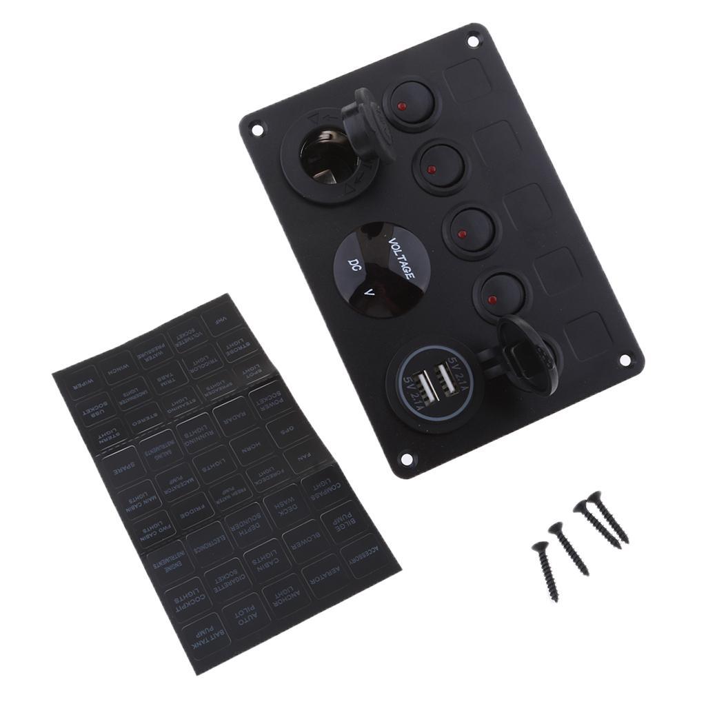 12-24V Dual USB Port Charger Voltmeter 5 Gang Toggle Switch Panel Red LED