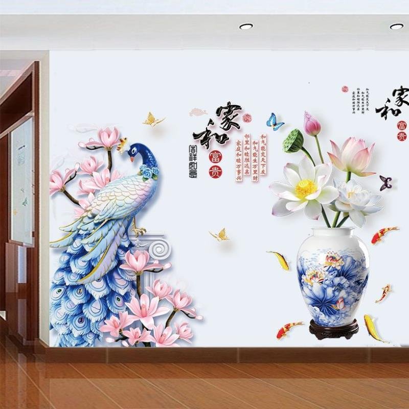Decal dán tường 3D combo chim công và bình sen xanh sang trọng