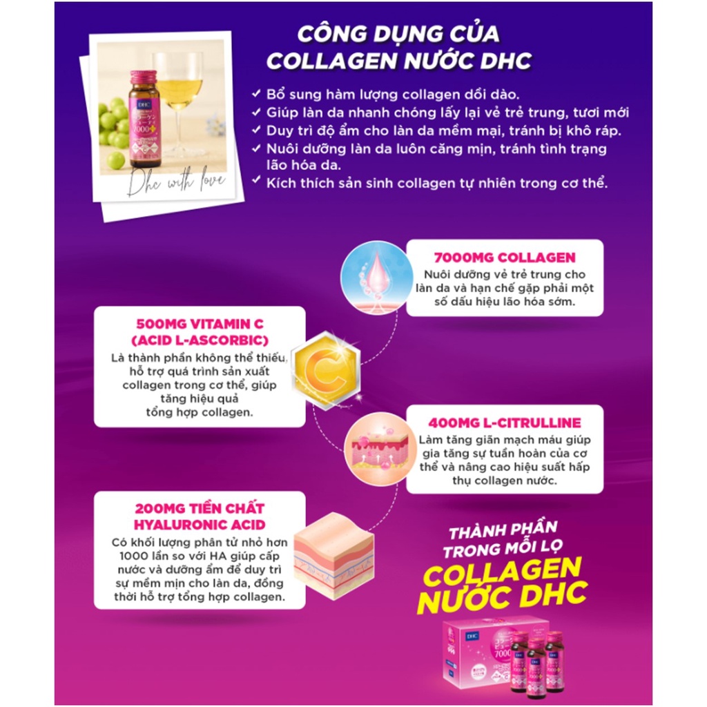 Hộp 10 Chai Collagen Nước DHC Dưỡng Ẩm, Chống Lão Hóa Collagen Beauty 7000+