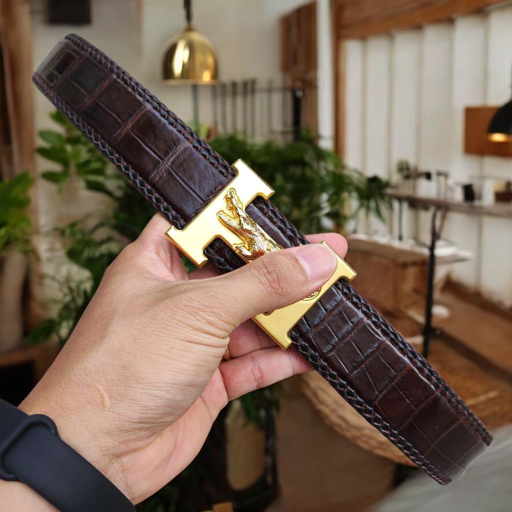 Dây nịt da bụng cá sấu liền tấm 4cm H29N1. Khóa H thép ko gỉ loại 1