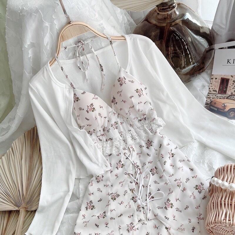 set váy hoa 2 dây cúp ngực kèm áo khoác cực xinh Chất đũi tàu siu mềm mát - Áo cardigan len mỏng nữ ️ ️