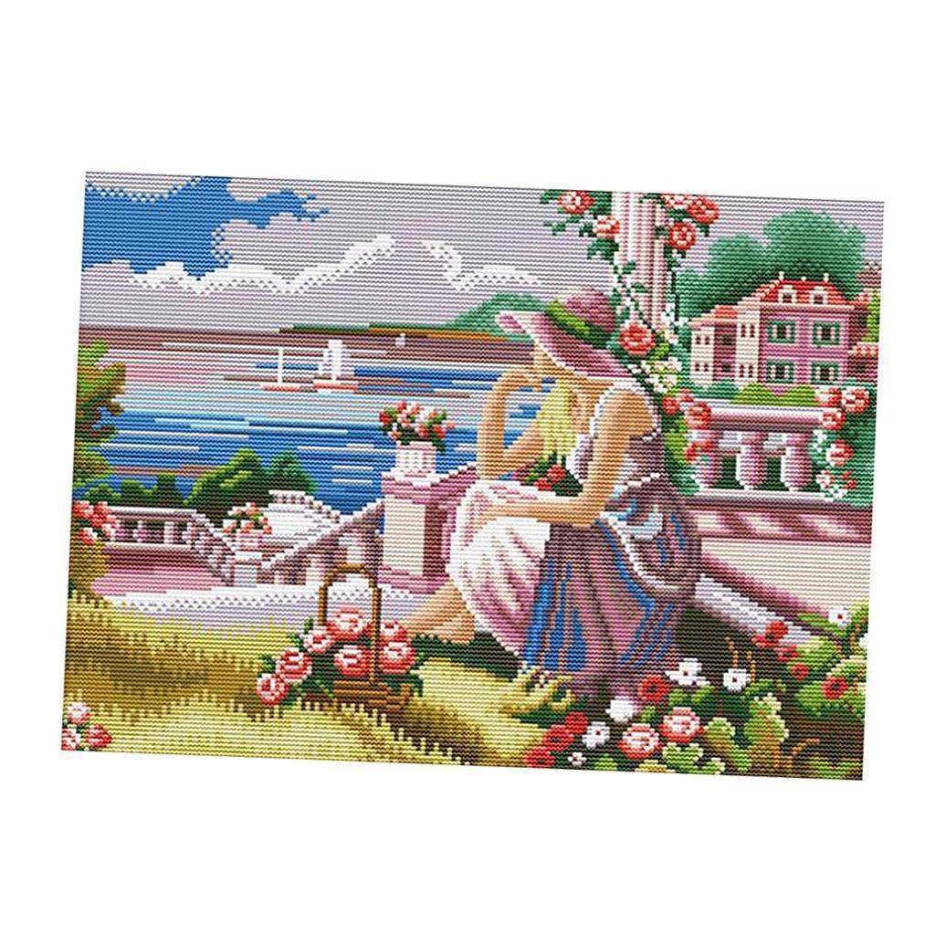 Stamped Cross Stitch Kit Pre-Printed Pattern Embroidery Kits - Flower & Girl