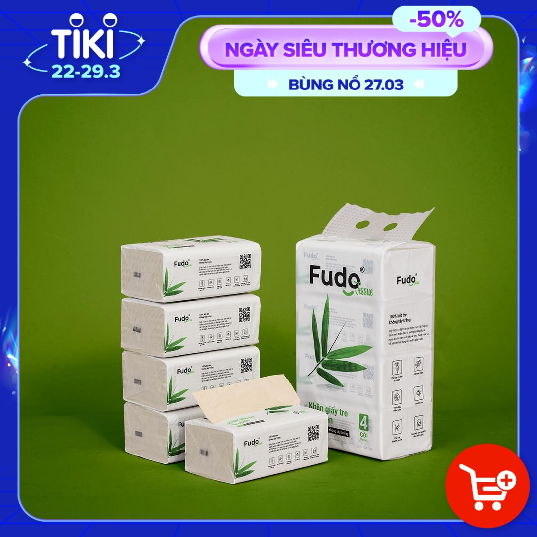 Khăn giấy khô Fudo® TISSUEPack™ từ tre không bụi vụn, không tẩy trắng - 1 Túi lớn - 04 gói/130 tờ - 03 lớp siêu thấm