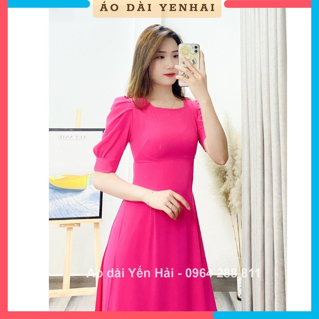 Áo dài thiết kế cổ vuông trẻ trung chất liệu lụa Thái Tuấn hồng
