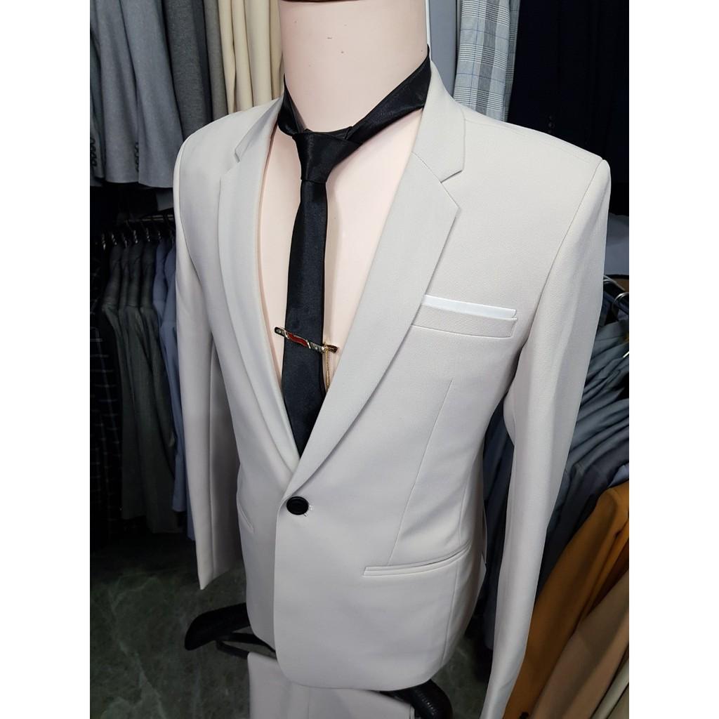 Bộ vest nam ôm body màu nude chất vải dày mịn co giãn tặng cà vạt kẹp