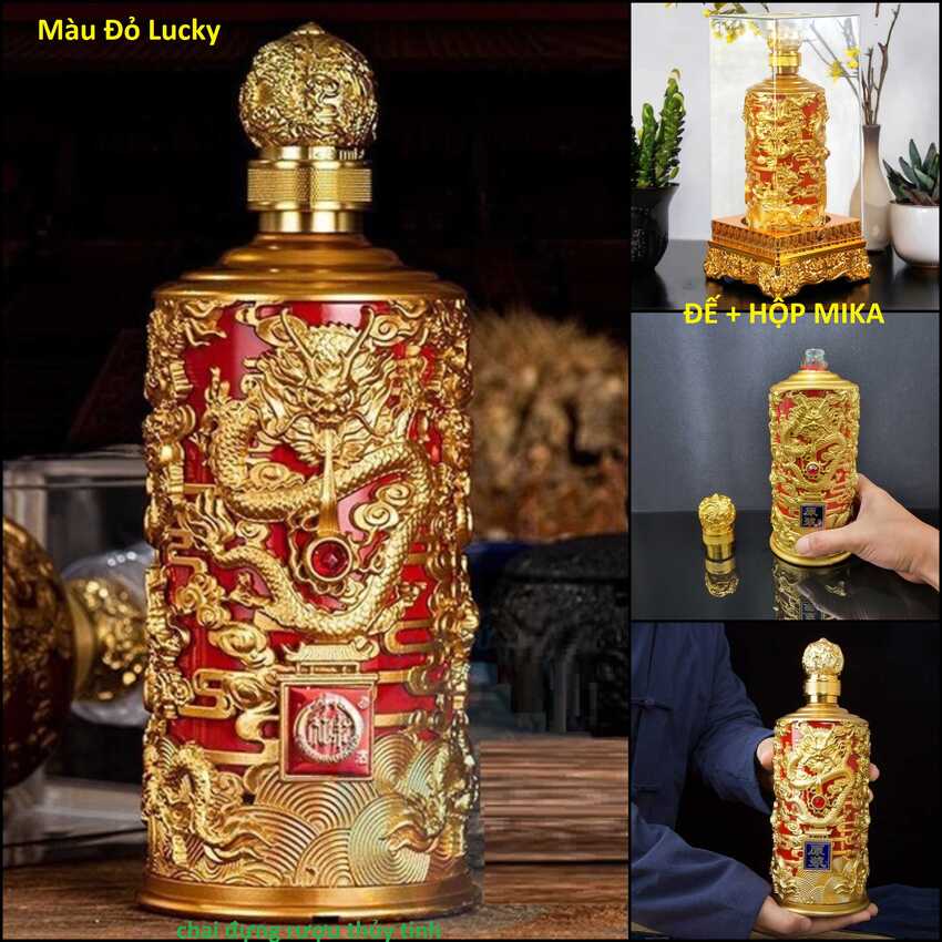 Bình Thủy Tinh Đựng Rượu 1000ML đế vương hoa văn rồng - kèm đế và hộp mica trưng bày – 3 màu lựa chọn - Chai Đựng Rượu Thủy Tinh – Vỏ Chai Rượu Đẹp sang trọng