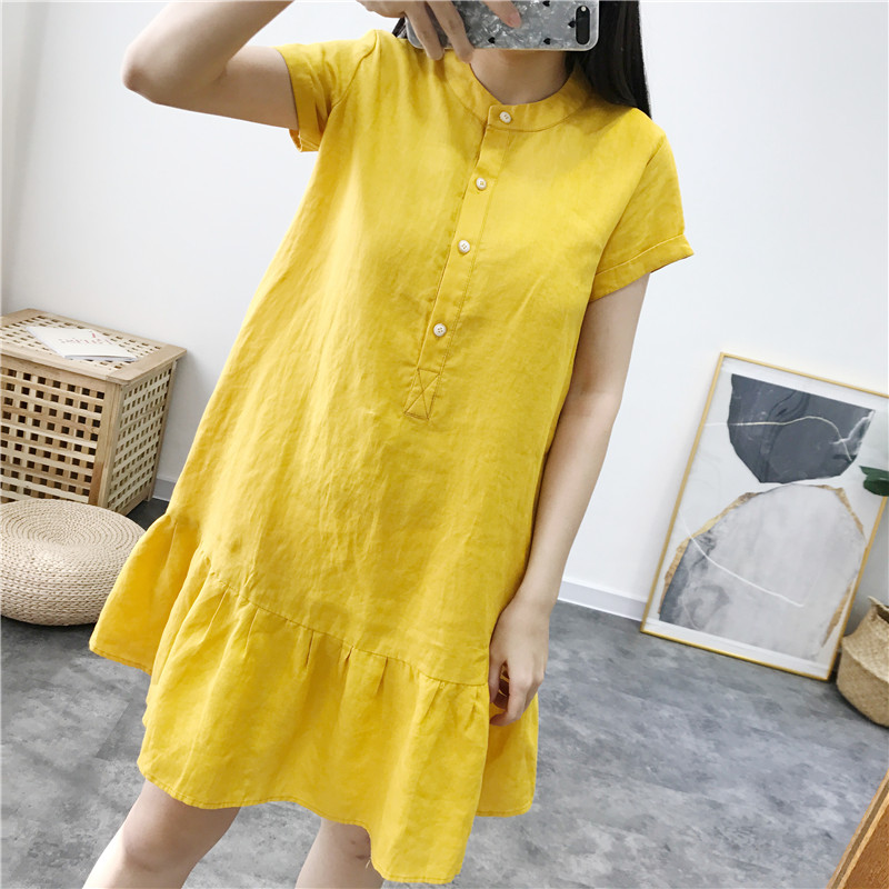 Váy linen dáng đuôi cá, Đầm Hè Linen nữ cổ trụ đóng cúc, ngắn tay thời trang hè nữ Haint Boutique Da80