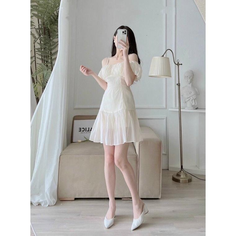Váy 2 dây trễ vai, Đầm trắng tiểu thư ngắn hai dây Cao Cấp dáng chữ A tay ngắn ôm eo sexy gợi cảm - MiNhi