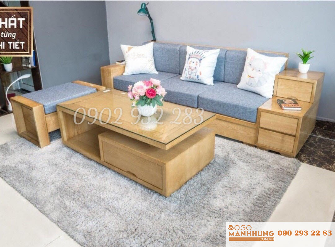 Bộ bàn ghế phòng khách sofa 3 món gỗ sồi tay hộc kéo