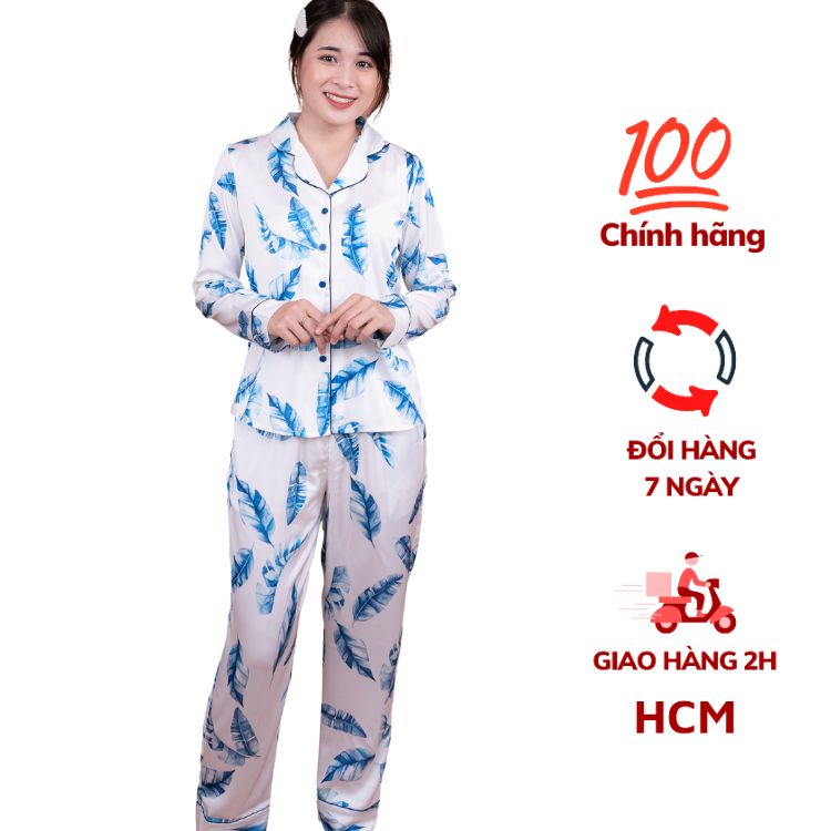 Đồ bộ pyjama nữ, đồ mặc nhà VILADY - B115 kiểu tay dài quần dài họa tiết lá xanh, chất liệu lụa Pháp siêu mát