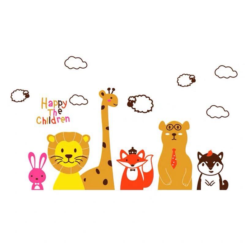 Decal dán tường mica 3D trang trí lớp học cho bé, hình các con vật dễ thương, happy