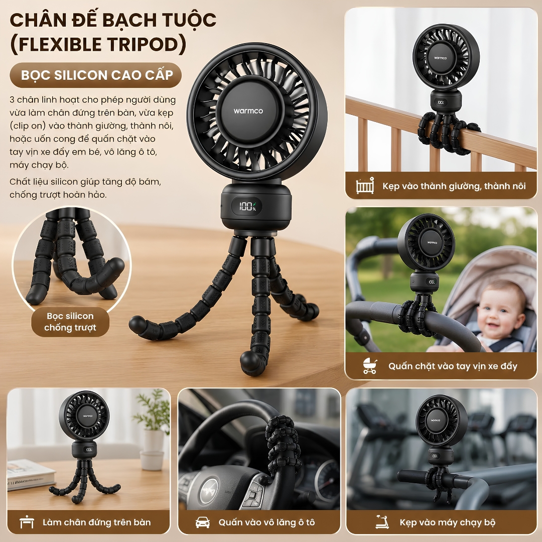 QUẠT KẸP ĐA NĂNG CHÂN BẠCH TUỘC LINH HOẠT KẸP  XE ĐẨY WARMCO PORTABLE STROLLER FAN 4000mAh | 4 MỨC GIÓ | GENTLE BREEZE | SIÊU ÊM 35dB | LED HIỂN THỊ PIN | THÁO RỜI LỒNG QUẠT - Hàng nhập khẩu