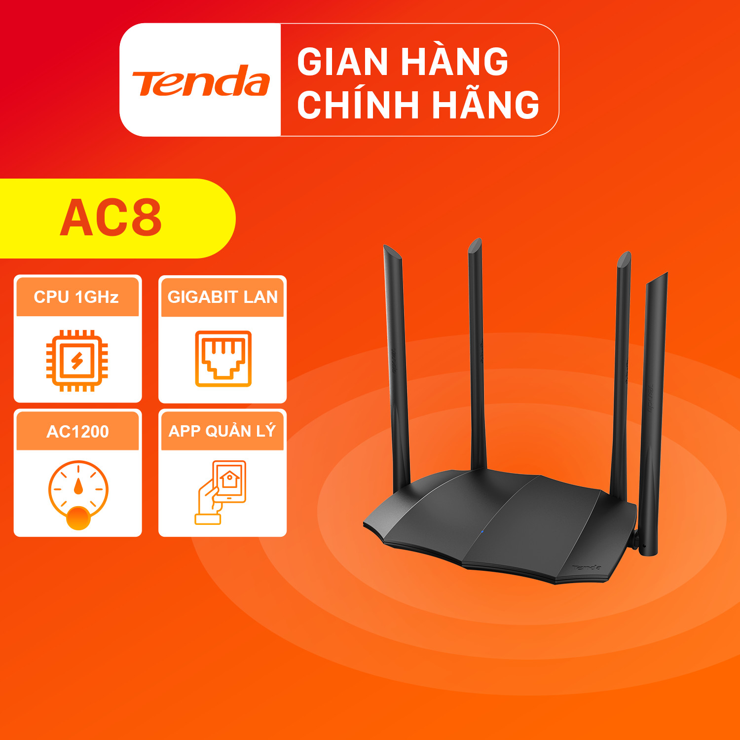 Thiết bị phát Wifi Tenda AC8 Chuẩn AC 1200Mbps - Hàng Chính Hãng