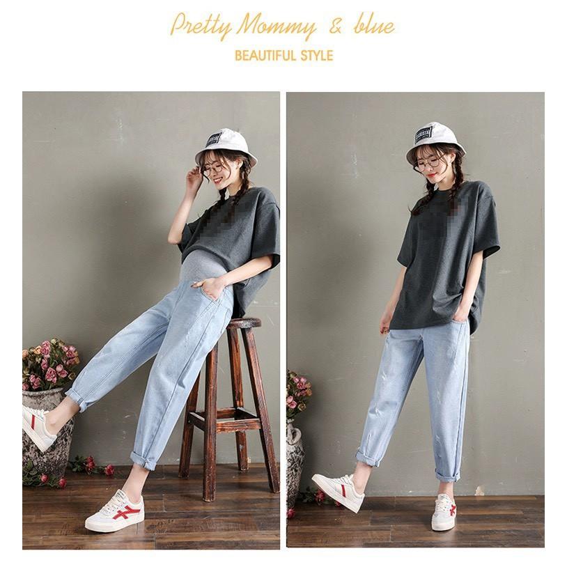 Quần jean bầu xanh nhạt️mặc đi làm đi chơi đều đượccó chun chỉnh có ảnh thật và video jean 04