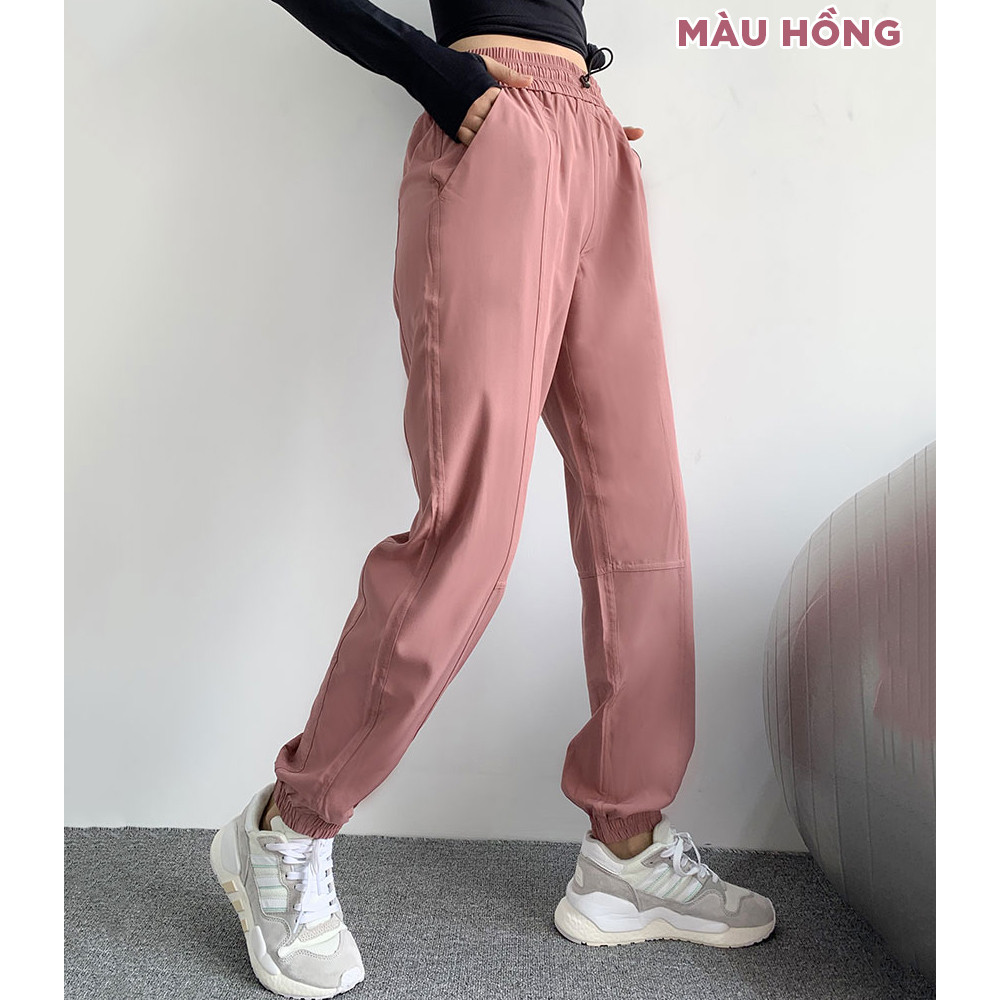 Quần jogger tập gym nữ GYMI QJ06 dáng rộng chất gió giấy mịn thoáng mát có dây rút phù hợp với tập thể thao yoga rumba chạy bộ – L – Hồng