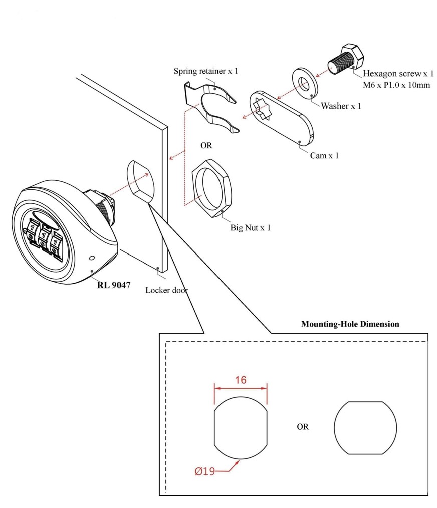 Khóa tủ mật mã cho tủ dày dưới 15mm 3 số không chìa 22mm Reallocks RL9047-07 Keyless