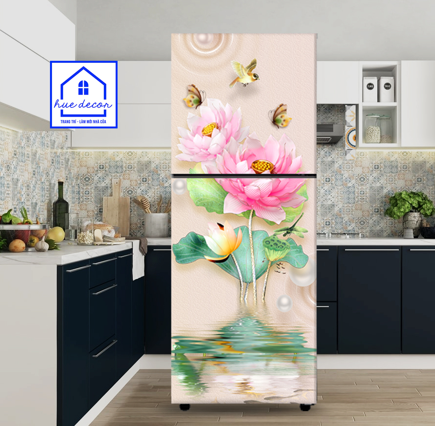 Tranh Dán Trang Trí Tủ Lạnh - Hoa Sen Hồng Hue Decor Chất Lượng Chống Nước Siêu Bền , Giá Tốt, Đổi Trả Miễn Phí