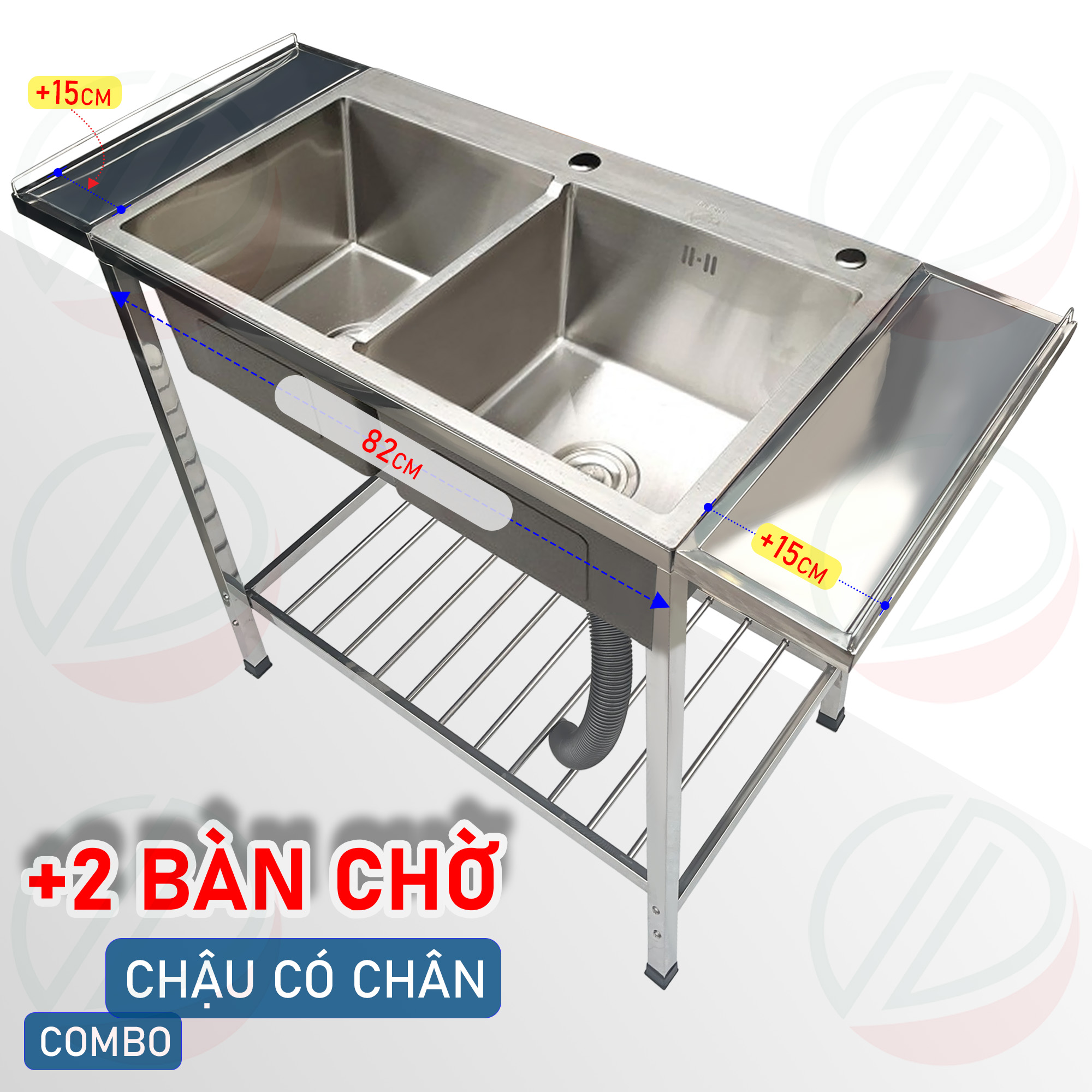 COMBO Chậu Rửa Bát 2 Hộc Có Chân Kèm Kệ Úp Chén Đa Năng - Gồm chậu, kệ úp chén, vòi lạnh Luxta, tặng rổ rút, vòi hút xà bông
