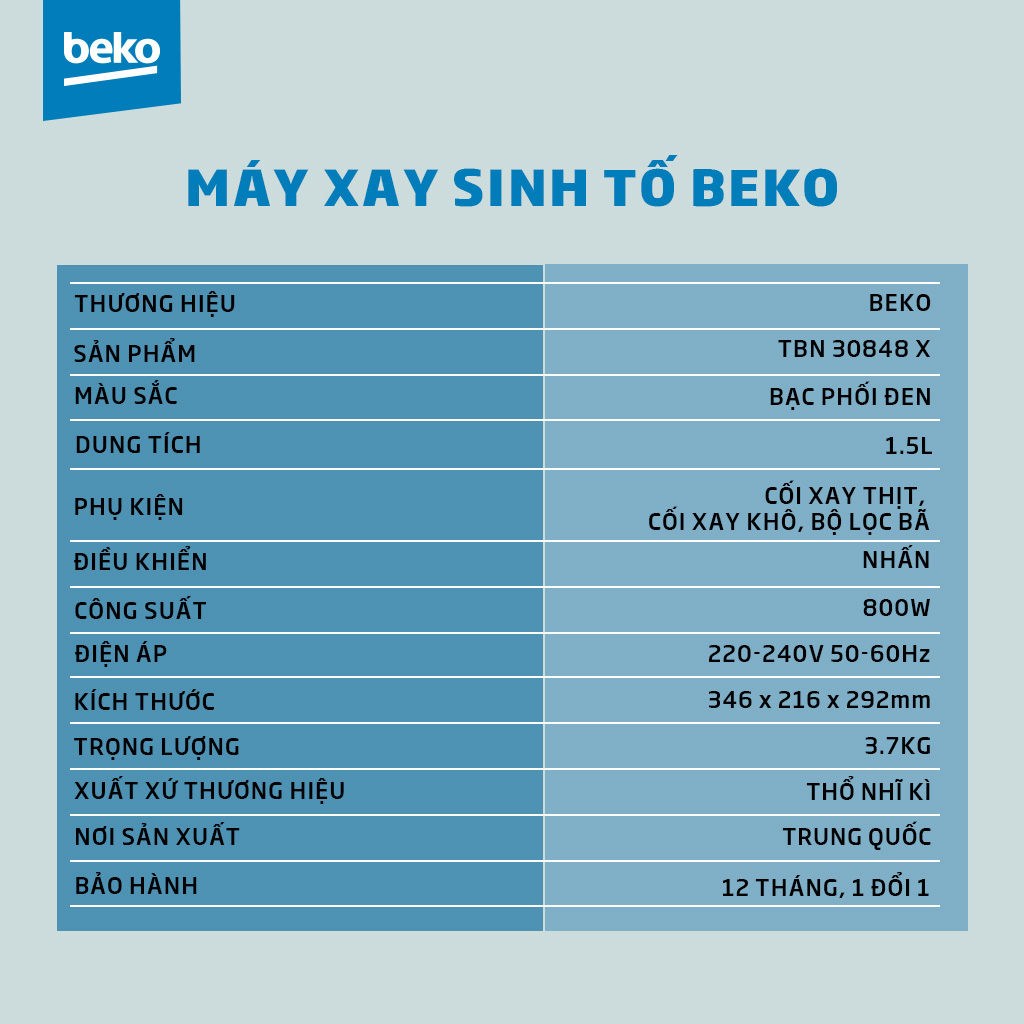 Máy Xay Sinh Tố BEKO Đế Chống Trượt, Xay Được Đá TBN30848X - Hàng Chính Hãng