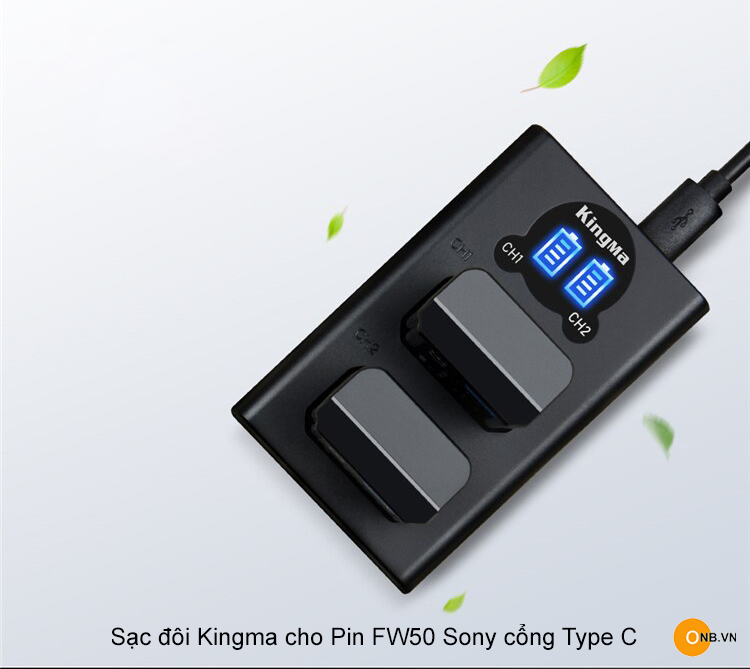 Sạc đôi Kingma Pin FW50 Sony Alpha cổng Type C - Màn HÌnh LCD cho