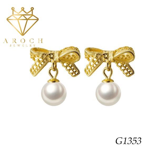  Khuyên tai bạc Ý s925 cọng nơ vàng gắn ngọc trắng G1353 - AROCH Jewelry