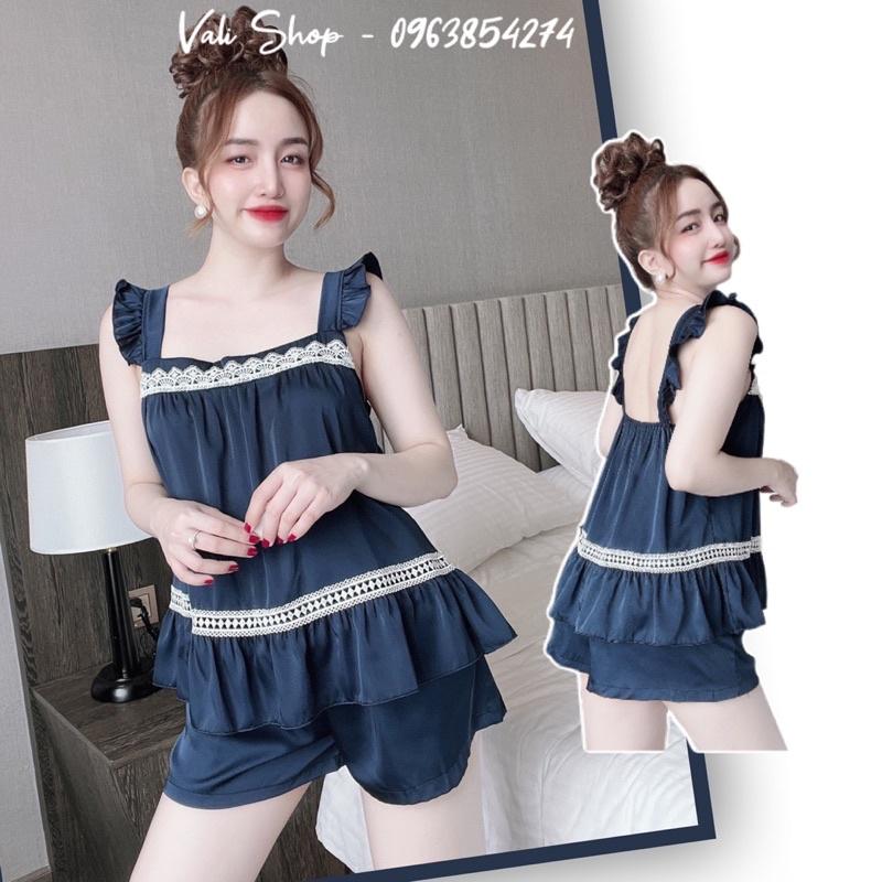 Đồ ngủ lụa latin cao cấp 2 dây cột nơ màu trơn quần phối ren freesize 40-57kg