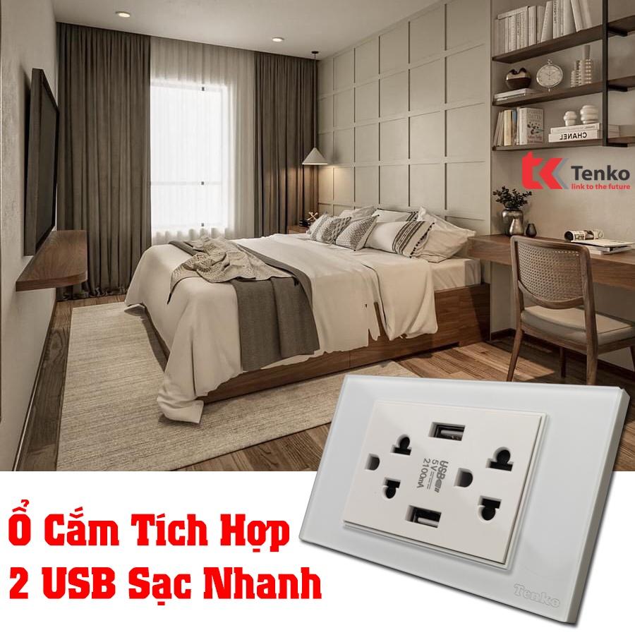 Ổ Cắm Đôi 3 Chấu kèm sạc USB 5V~2.1A Mặt Kính Cường Lực TENKO Thương Hiệu NHẬT TK-C18-045