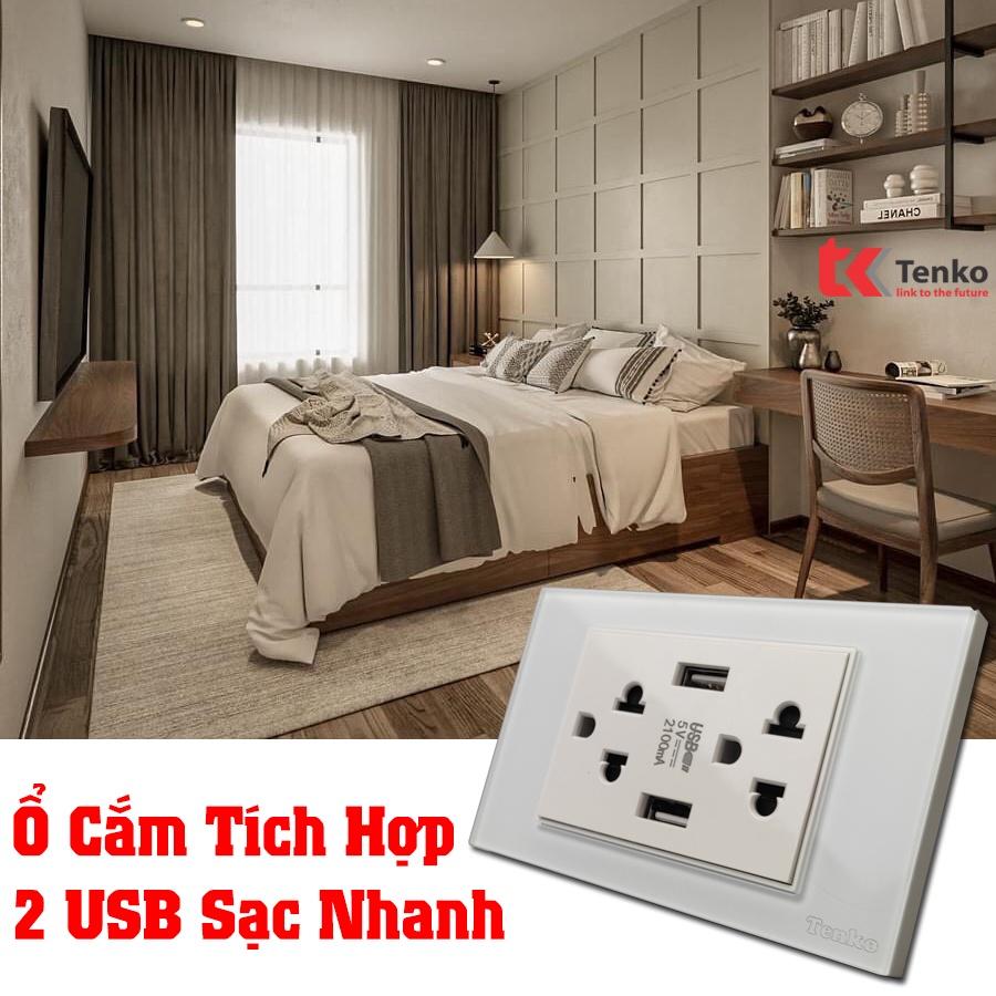 Hình ảnh Ổ Cắm Đôi 3 Chấu kèm sạc USB 5V~2.1A Mặt Kính Cường Lực TENKO Thương Hiệu NHẬT TK-C18-045