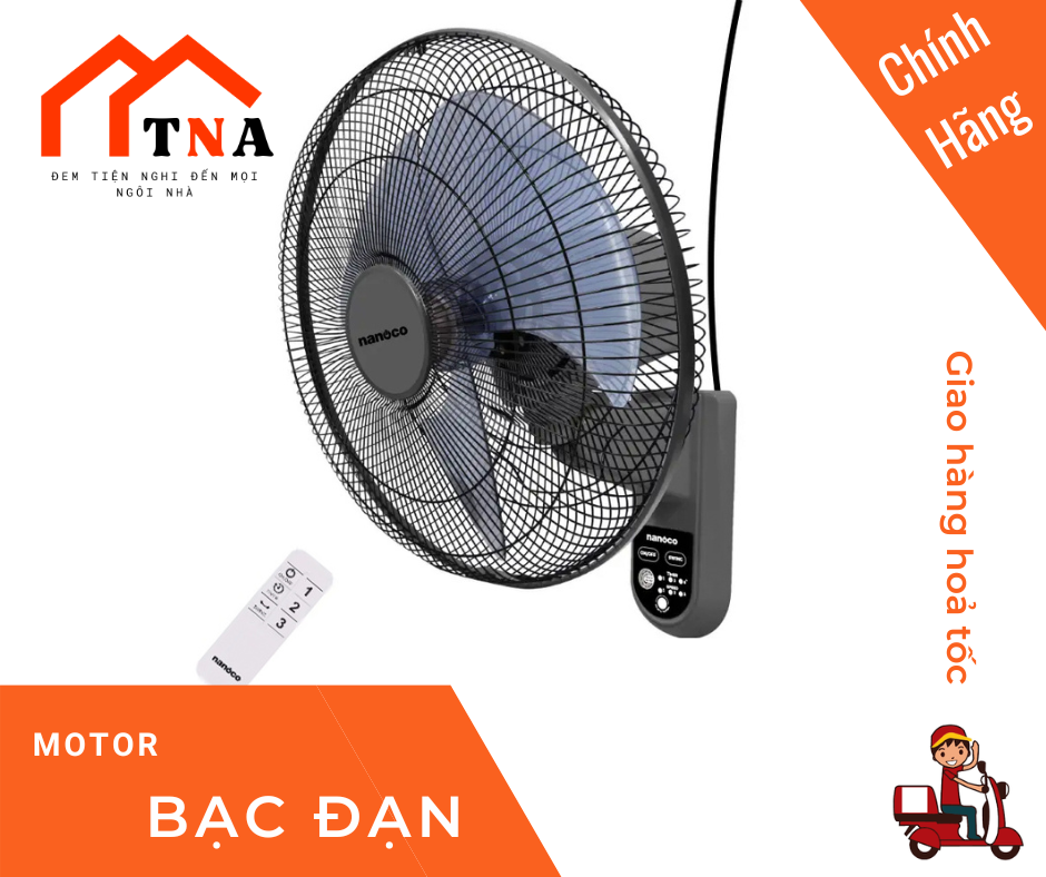 Quạt treo tường Nanoco model NWF1615RC-GR màu ghi (3 chế độ gió, công suất 47W) - Hàng chính hãng