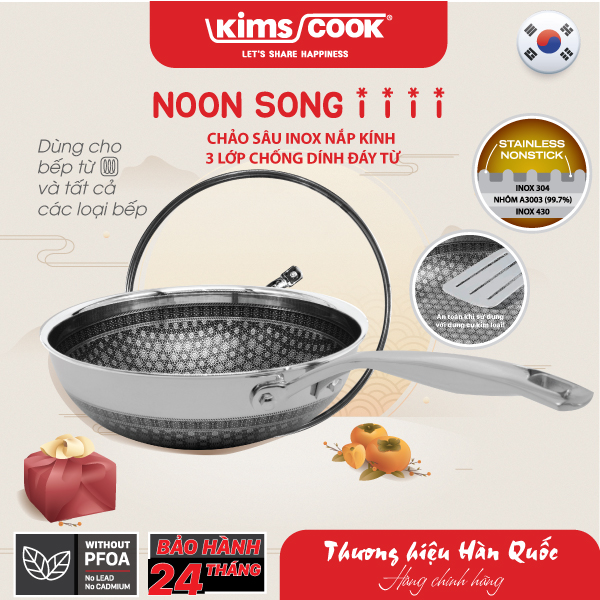 Chảo sâu KIMS COOK Noon Song inox 3 lớp đáy từ nắp kính chống dính 2 mặt