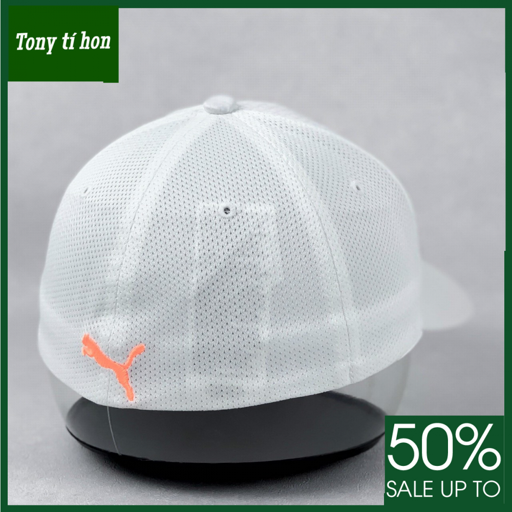 Tony tí hon - Mũ/nón kết lưỡi trai PM thêu logo bên, phối lưới, bít đuôi thời trang nam nữ cao cấp - màu trắng, logo cam đào / logo trắng