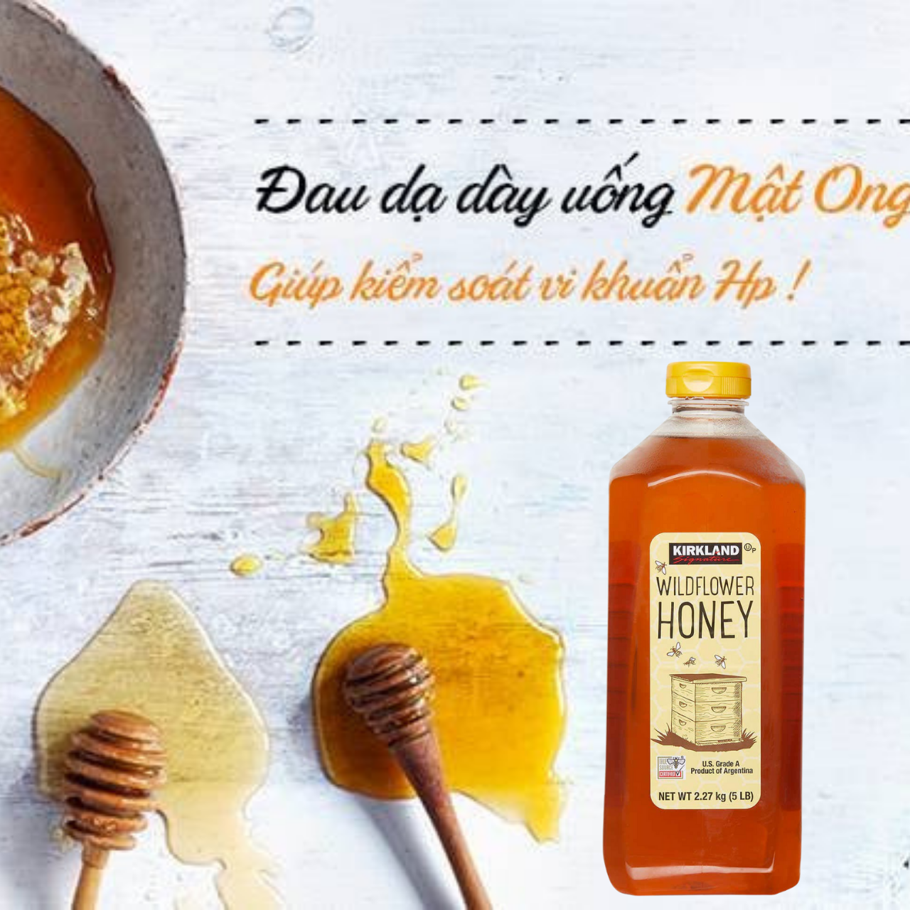 Mật Ong Kirkland Wild Flower Honey Mỹ tăng sức đề kháng, giảm ho, dưỡng ẩm da, môi, chế biến mhiều món ăn ngon bổ dưỡng -2.27kg/chai- Massel Official