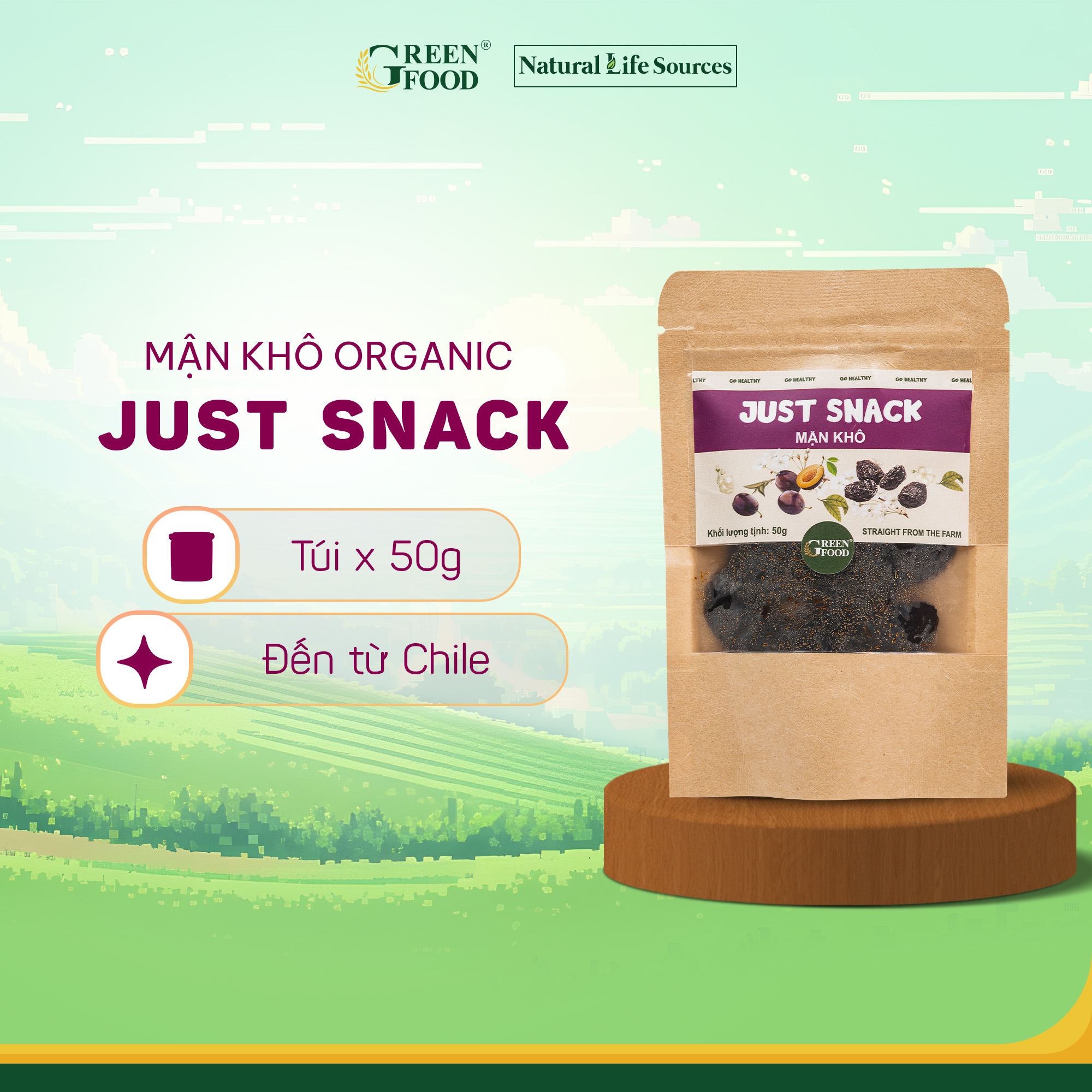 Mận khô tự nhiên Just Snack không hạt | Túi giấy 50g - nhập khẩu trực tiếp từ Chile