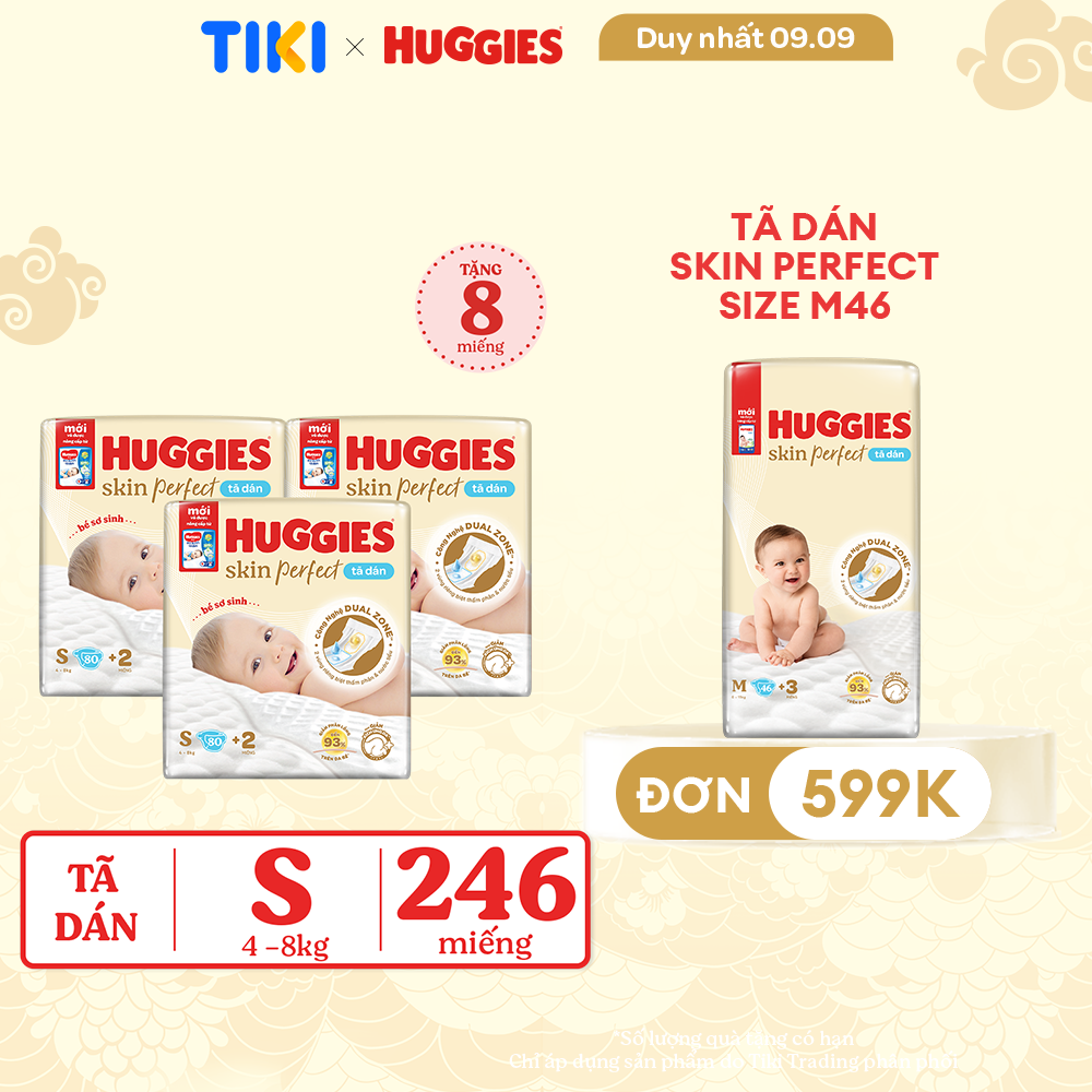 Combo 3 gói Tã/bỉm dán sơ sinh Huggies Skin Perfect  S 80+2 miếng với 2 vùng thấm giảm kích ứng da