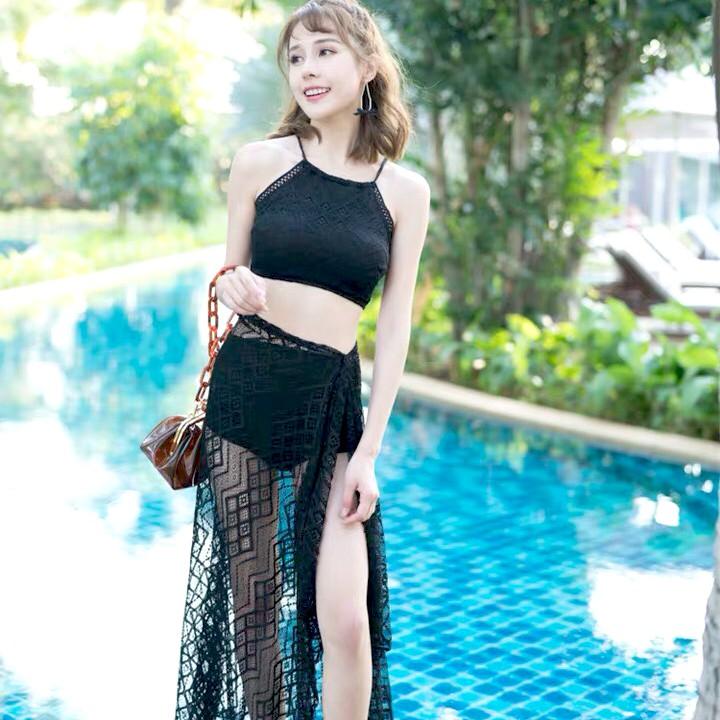 Bộ đồ bơi áo yếm cạp cao kèm khăn bộ bikini bơi gợi cảm 3 mảnh