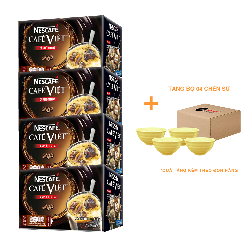 Combo 4 hộp Nescafé café Việt đen đá (Hộp 15 gói x 16g) - [Tặng bộ 4 chén sứ Nescafé]