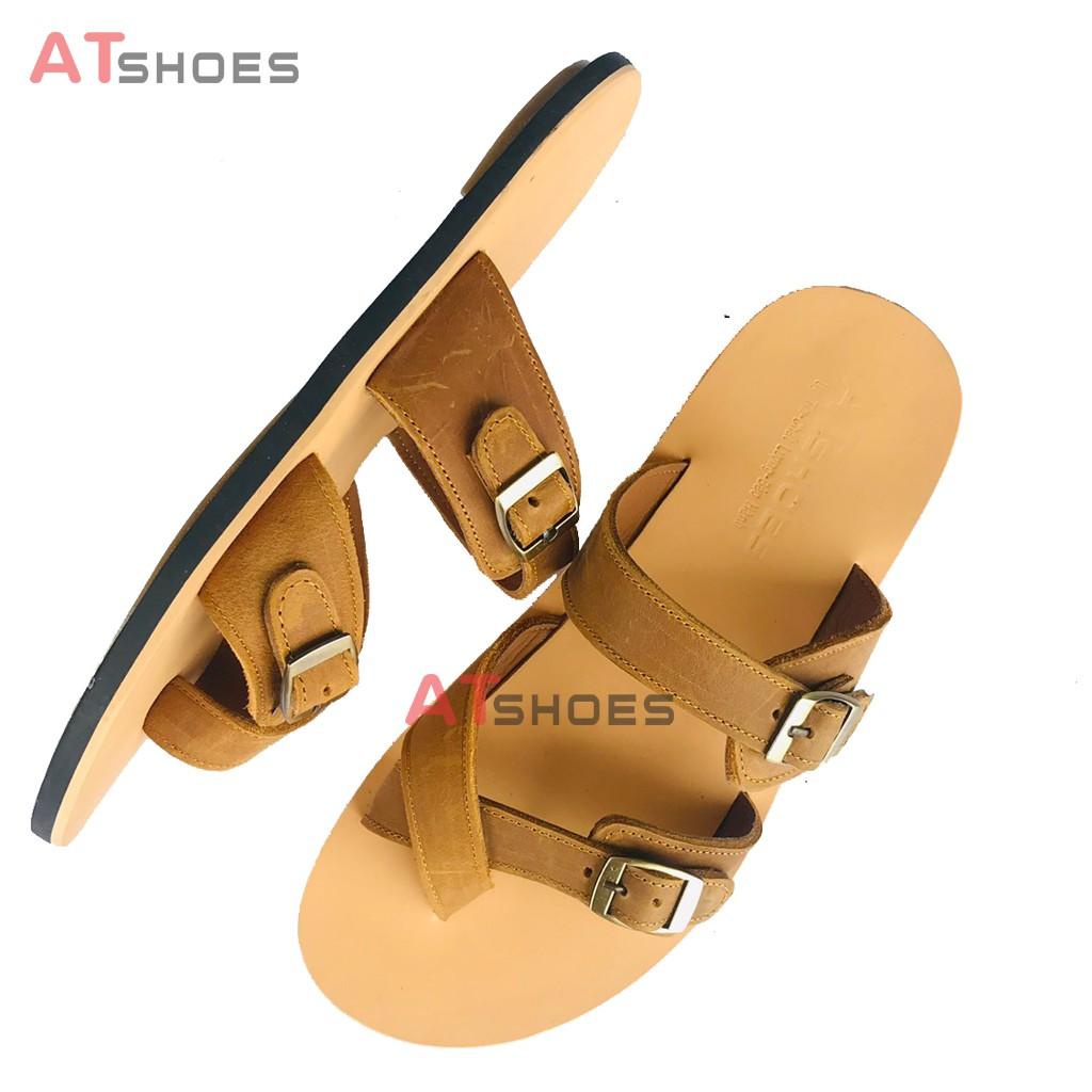 Sandal nam, dép quai ngang, dép nam da bò, không thấm nước, êm chân thoải mái Atshoes QN2M (Đen - Nâu