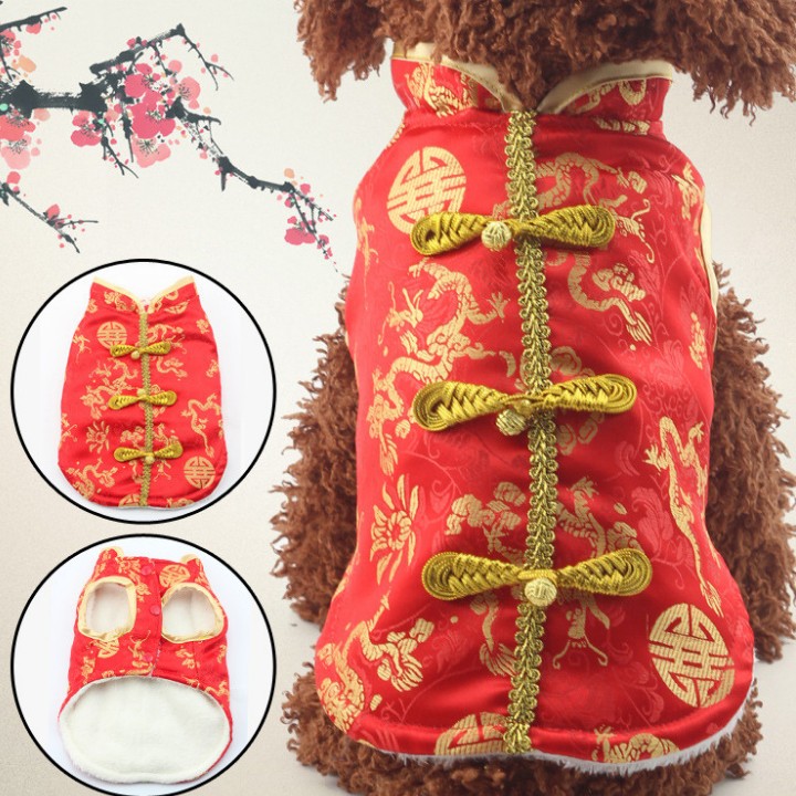 Áo Tết Cho Chó Mèo Kiểu Trung Hoa Vải Gầm Màu Đỏ Với Hoa Văn Vàng Bắt Mắt -  Sp000503