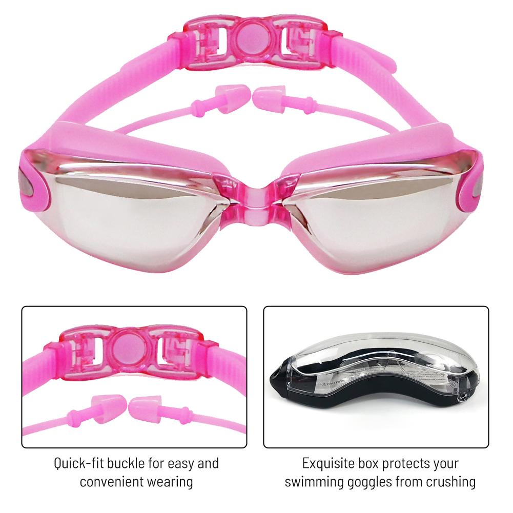 Swimming Goggles with Attached Earplugs Anti-Fog No Leaking Comfortable Electroplated Swim Goggles with Box