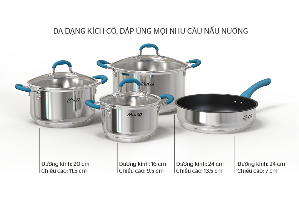 Bộ nồi chảo inox 5 đáy bếp từ SUNHOUSE MAMA SHG506-2022 chất liệu inox 304 cao cấp sáng bóng an toàn sức khỏe