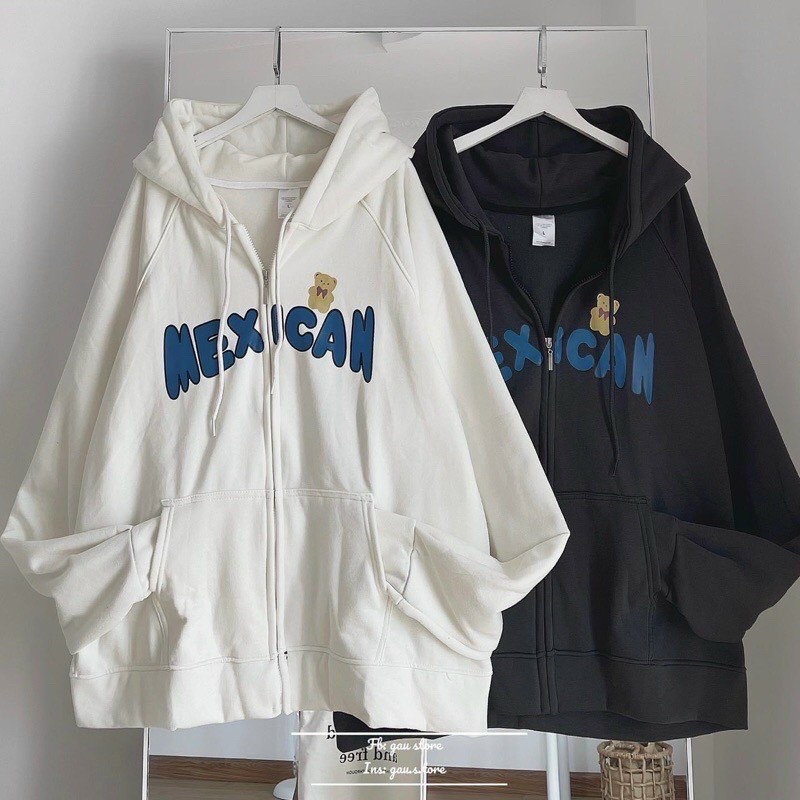 Áo Khoác Nỉ Chữ MEXICAN Gấu Siêu Cute Có Nón Mũ 2 Lớp - FREESHIP Kiểu Hoodie Có Khóa Kéo Zip Nam Nữ Cặp Đôi