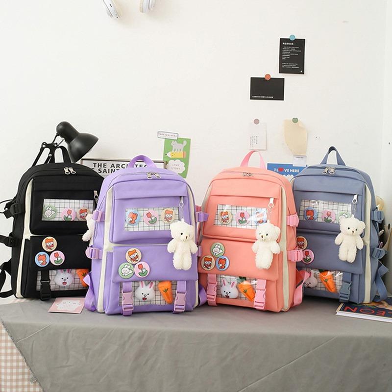 2021 4 Bộ Bông Tai Kẹp Nữ Ba Lô Laptop Vải Bố Trường Túi Cho Bé Gái Đáng Sinh Viên Đại Học Trẻ Em Túi Sách có Túi