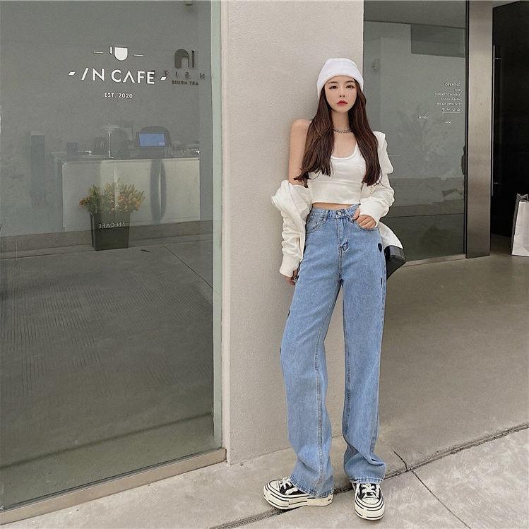 Quần Jean Dài Lưng Cao Ống Đứng 2 Màu Tùy Chọn Dễ Phối Trang Phục Phong Cách Hàn Quốc Cho Nữ