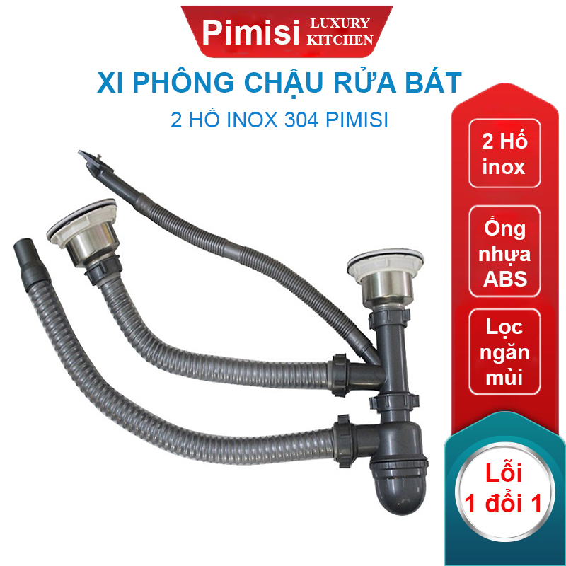 Bộ xi phông chậu rửa bát 2 hố phi 110 inox 304 Pimisi dùng để xả nước chậu rửa chén 2 hộc - có đầu thoát tràn | Hàng chính hãng