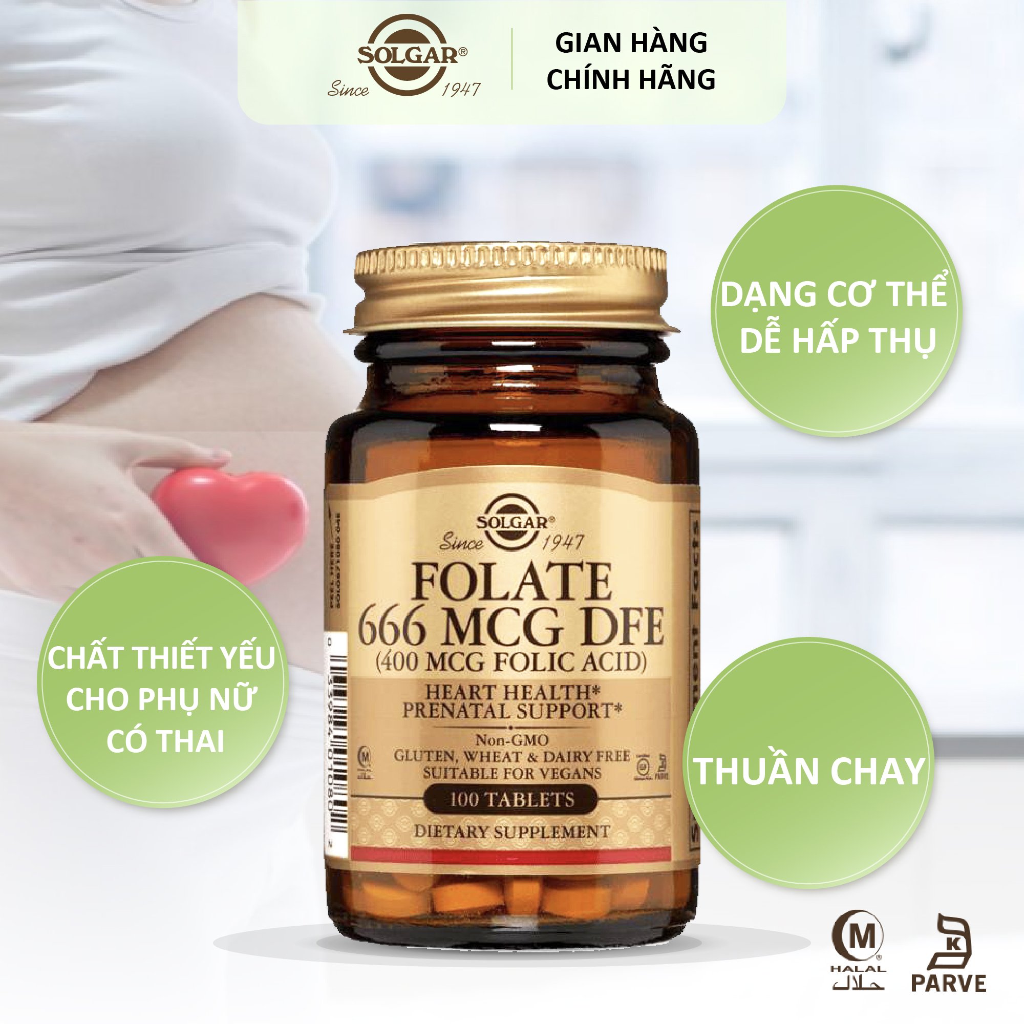 Viên Uống Solgar Folate 666 MCG DFE Folic Acid - Bổ Sung Hồng Cầu, Lọc Máu Cho Người Lớn