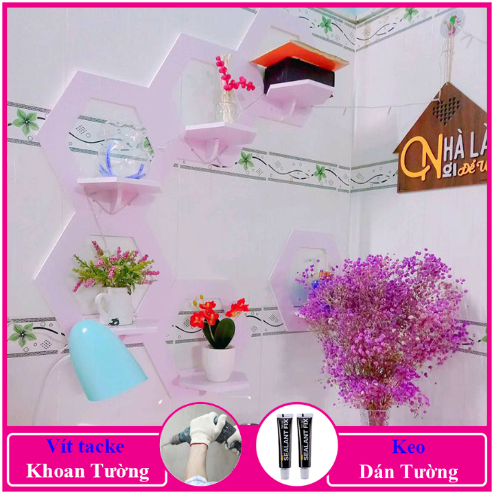 Kệ treo tường trang trí không cần khoan, chất liệu gỗ Pitech cao cấp màu trắng, đặt bình hoa, siêu cute, siêu dễ thương - a27